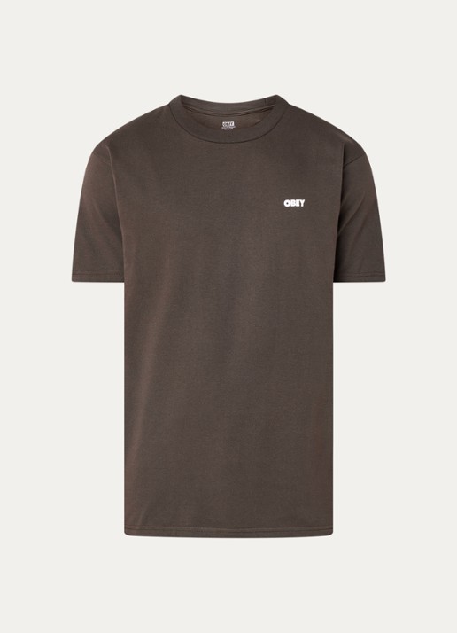 Obey Owl T-shirt met logo- en backprint - voorkant 2 donkerbruin