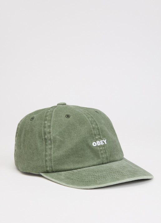 Obey Pet van denim met logoborduring - voorkant olijfgroen