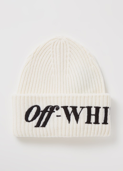 Off-White Grofgebreide muts van wol met logoborduring - voorkant gebroken wit
