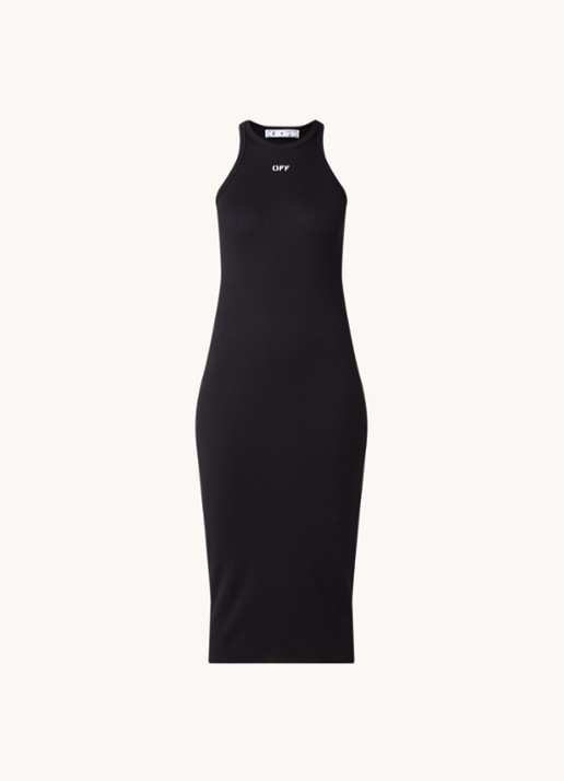 Off-White Lux midi jurk met logoprint en ribstructuur - voorkant zwart