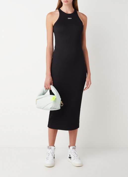 Off-White Lux midi jurk met logoprint en ribstructuur - voorkant 2 zwart