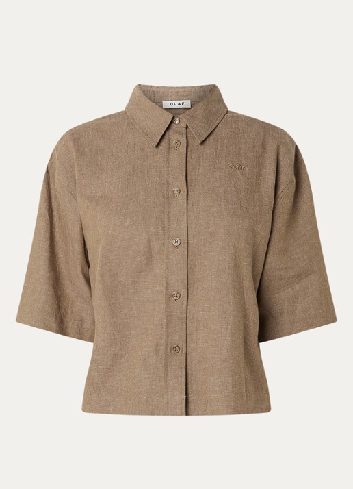 OLAF Blouse van linnen met logoborduring - voorkant zand