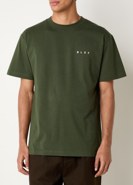 OLAF Doily Face T-shirt met logo- en backprint - achterkant legergroen