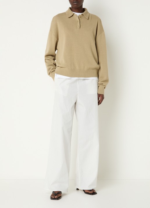 OLAF Grofgebreide polo in linnenblend met logoborduring - voorkant 3 beige