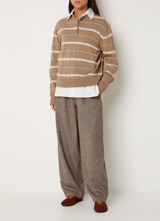 OLAF Pullover met streepprint en logoborduring - voorkant 3 lichtbruin