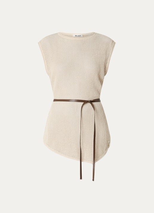 OLAF Top in linnenblend met opengewerkt dessin en strikceintuur - voorkant creme
