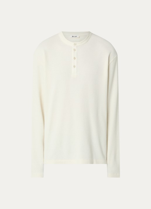 OLAF Waffle Henley long sleeve met structuur - voorkant gebroken wit