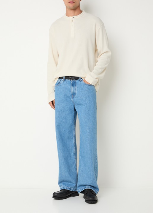 OLAF Waffle Henley long sleeve met structuur - voorkant 2 gebroken wit