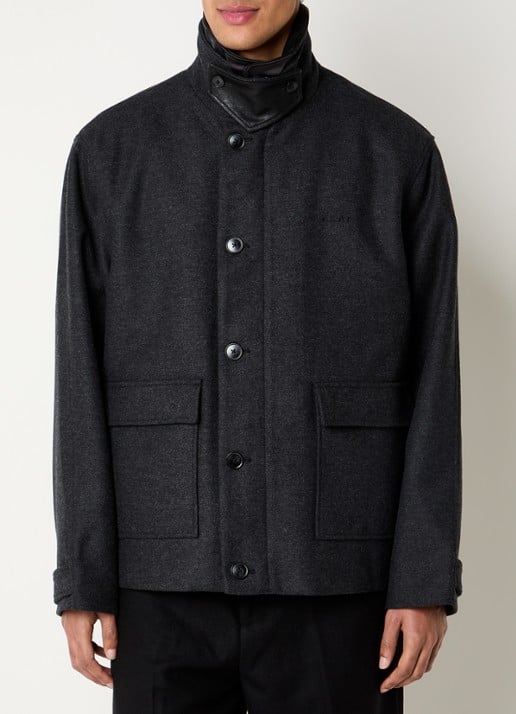 OLAF Wool Workwear jack in wolblend met gemêleerd dessin en kraag van imitatieleer - detail antraciet