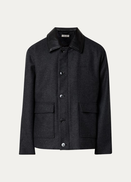 OLAF Wool Workwear jack in wolblend met gemêleerd dessin en kraag van imitatieleer - voorkant 2 antraciet