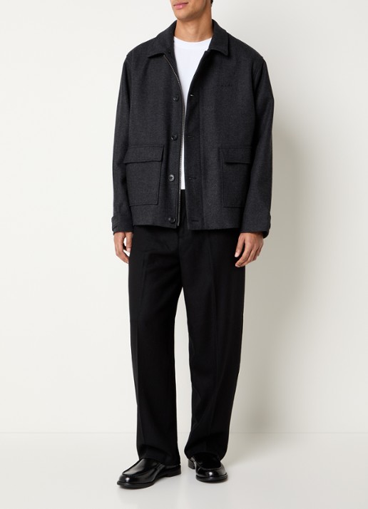 OLAF Wool Workwear jack in wolblend met gemêleerd dessin en kraag van imitatieleer - voorkant 3 antraciet