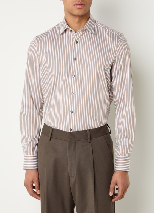 Olymp Level 5 slim fit strijkvrij overhemd met streepprint - detail beige