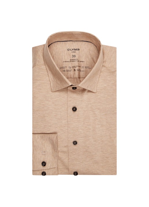 Olymp Luxor modern fit overhemd van jersey   - voorkant 2 zand