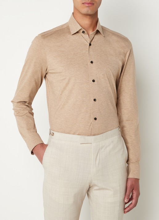Olymp Luxor modern fit overhemd van jersey   - detail 4 zand