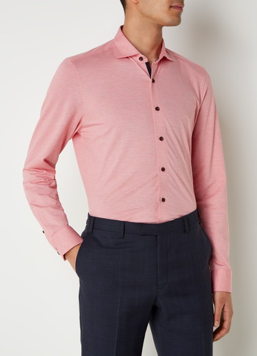 Olymp Luxor modern fit overhemd van jersey   - detail zalmroze