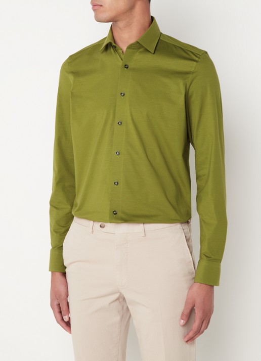 Olymp Luxor modern fit overhemd van jersey   - detail legergroen