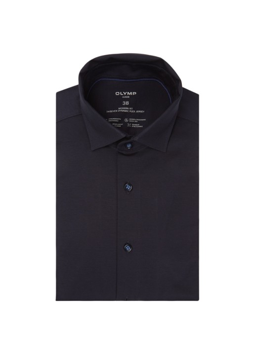 Olymp Luxor modern fit overhemd van jersey   - voorkant 2 donkerblauw
