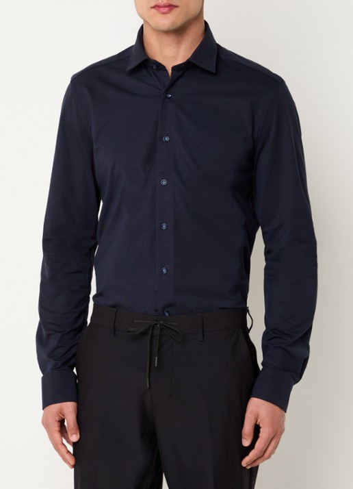 Olymp Luxor modern fit overhemd van jersey   - detail 7 donkerblauw