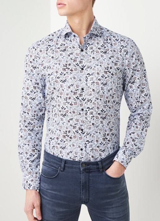 Olymp Slim fit overhemd met bloemenprint - detail 4 blauw