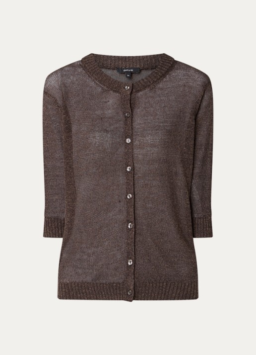 OPUS Datina grofgebreid vest in linnenblend - voorkant donkerbruin