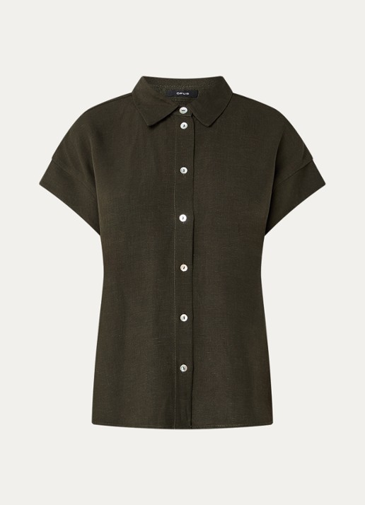 OPUS Falvia blouse in linnenblend - voorkant bronsgroen
