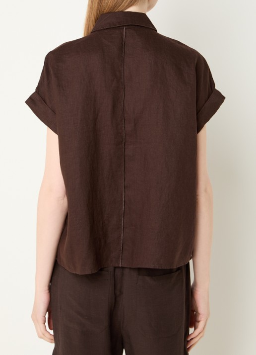 OPUS Felila blouse van linnen met siernaad - achterkant 3 donkerbruin