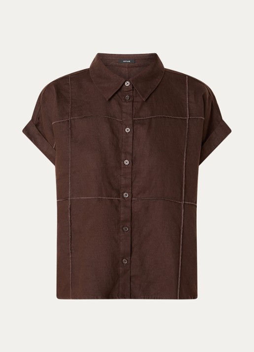 OPUS Felila blouse van linnen met siernaad - voorkant donkerbruin