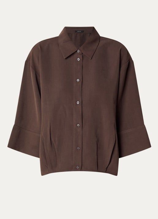 OPUS Fotori blouse met plooidetail en vleermuismouw - voorkant 3 donkerbruin