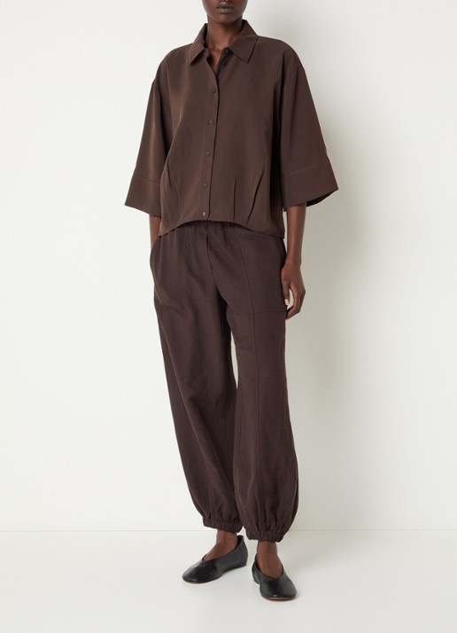 OPUS Fotori blouse met plooidetail en vleermuismouw - voorkant 4 donkerbruin