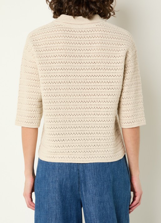 OPUS Garakino polo van crochet met v-hals - achterkant 3 donkerbeige
