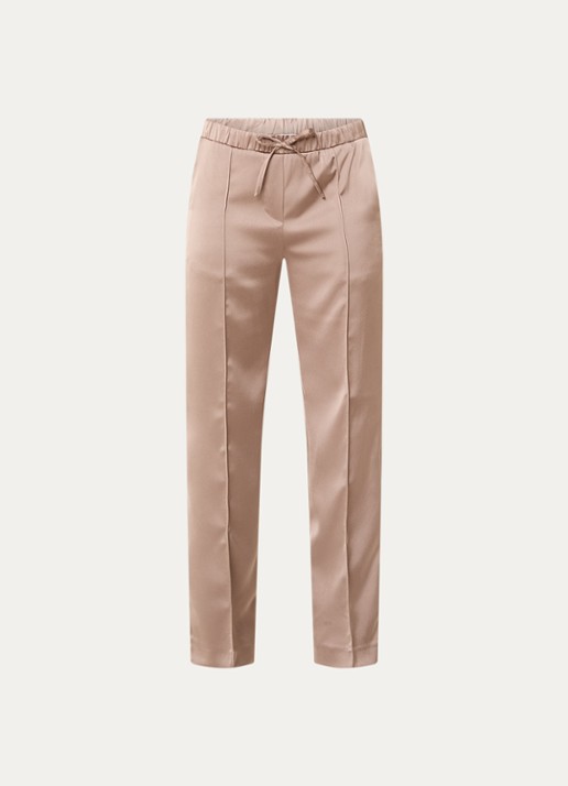 OPUS Melane Cosmic mid waist straight fit pantalon van satijn - voorkant 2 donkerbeige