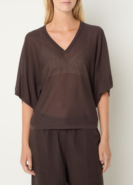 OPUS Myha Oasis high waist cropped tapered fit broek in linnenblend - detail bruin
