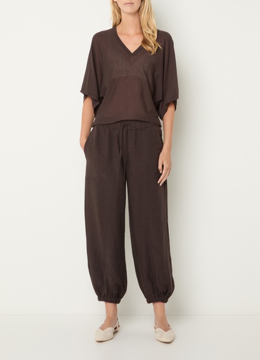 OPUS Myha Oasis high waist cropped tapered fit broek in linnenblend - voorkant 3 bruin