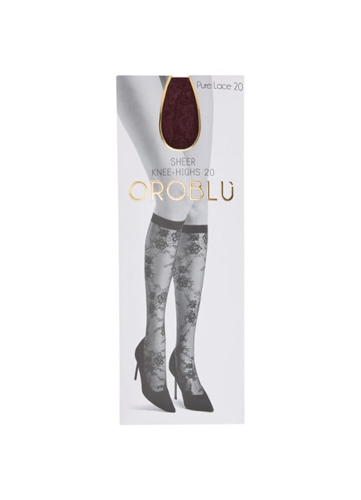 Oroblu Pure Lace kniekousen van kant in 20 denier - voorkant bordeauxrood