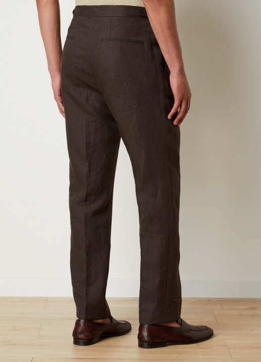 Oscar Jacobson Delon straight fit pantalon van linnen met steekzakken - achterkant 6 donkerbruin