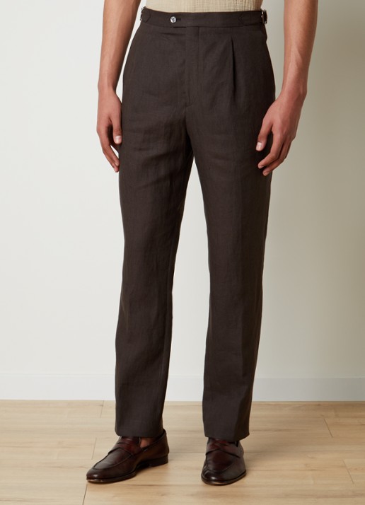 Oscar Jacobson Delon straight fit pantalon van linnen met steekzakken - detail donkerbruin