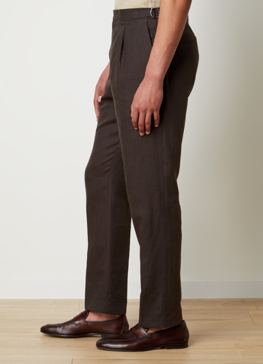 Oscar Jacobson Delon straight fit pantalon van linnen met steekzakken - detail 2 donkerbruin