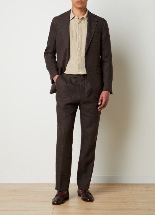 Oscar Jacobson Delon straight fit pantalon van linnen met steekzakken - voorkant 5 donkerbruin