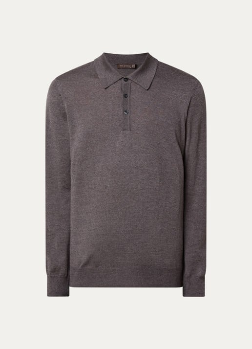 Oscar Jacobson Melvin fijngebreide regular fit polo van scheerwol - voorkant 3 taupe