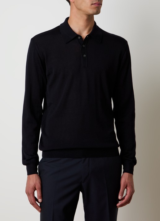 Oscar Jacobson Melvin fijngebreide regular fit polo van scheerwol - detail donkerblauw