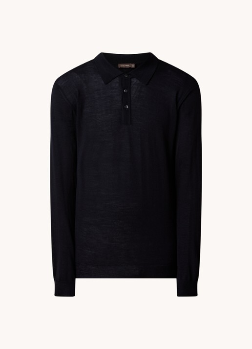 Oscar Jacobson Melvin fijngebreide regular fit polo van scheerwol - voorkant 4 donkerblauw
