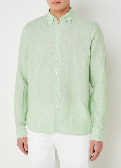 Oscar Jacobson Regular fit overhemd van linnen met button down-kraag - detail 2 lichtgroen