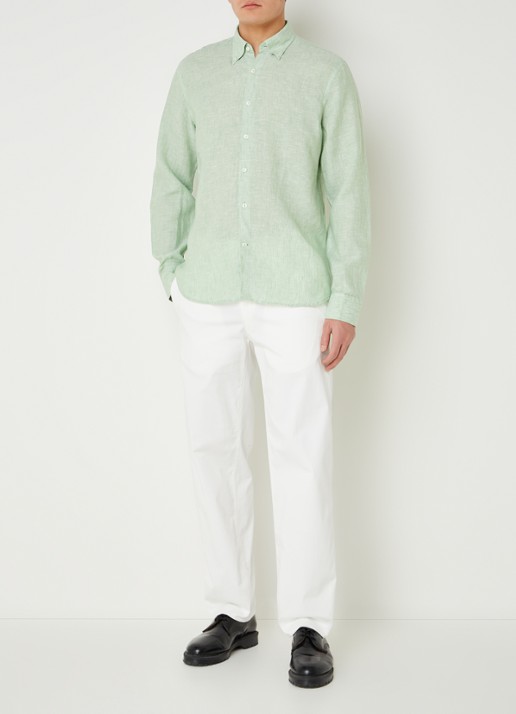 Oscar Jacobson Regular fit overhemd van linnen met button down-kraag - voorkant 5 lichtgroen