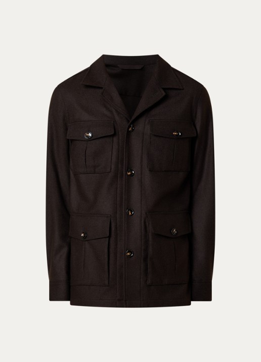Oscar Jacobson Safari regular fit overshirt in wolblend met klepzakken - voorkant 5 bruin
