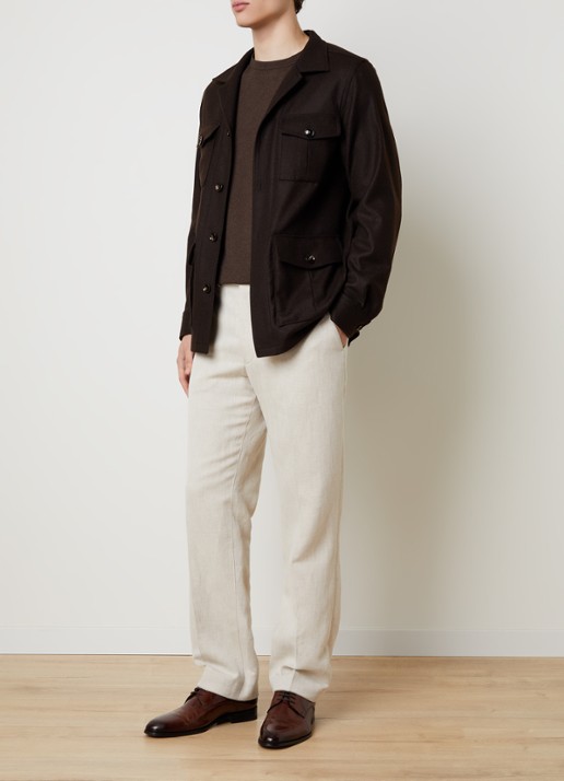 Oscar Jacobson Safari regular fit overshirt in wolblend met klepzakken - voorkant 6 bruin