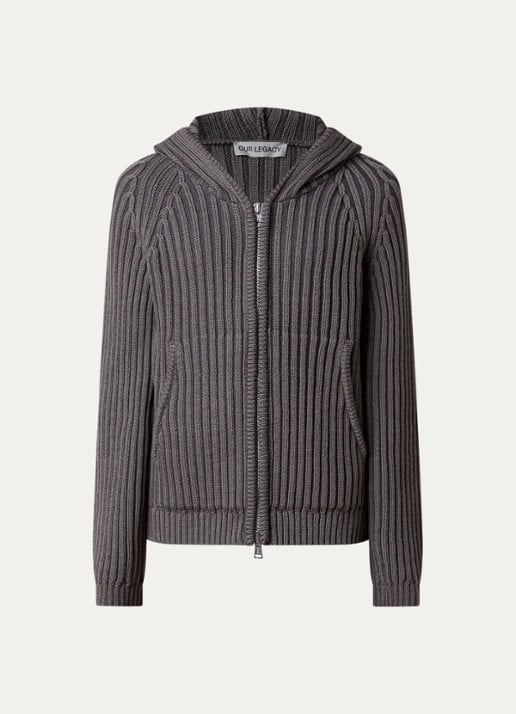 Our Legacy Level Hood ribgebreid vest van merino wol met capuchon - voorkant donkerkhaki