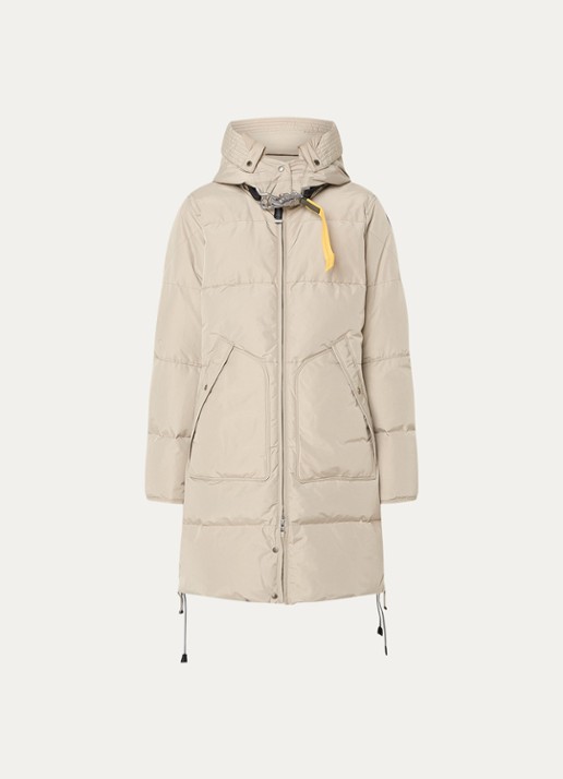 Parajumpers Long Bear jas met donsvulling en afneembare capuchon  - voorkant beige