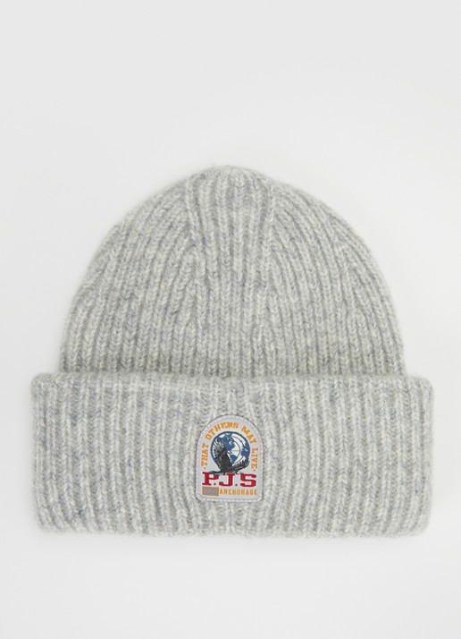 Parajumpers Mooneye ribgebreide muts in wolblend met logo - voorkant grijsmele
