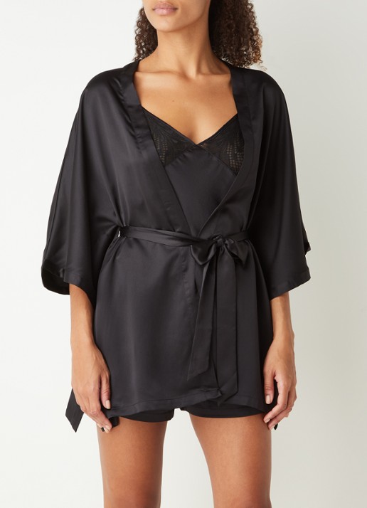 Passionata Thelma kimono van satijn met kant - voorkant 3 zwart