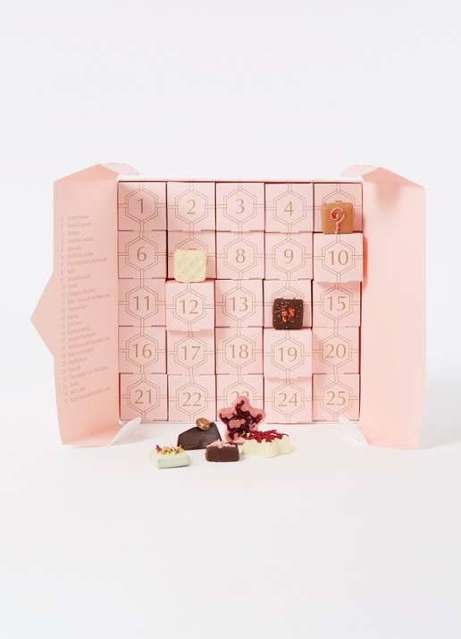 Patisserie de Bijenkorf Adventskalender met chocolade bonbons - 25 dagen - voorkant 2 lichtroze